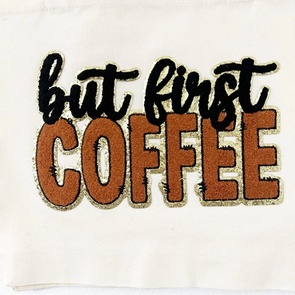 But First, Coffee — Glitter & Chenille Canvas Tote Bag - Picture 3 of 3